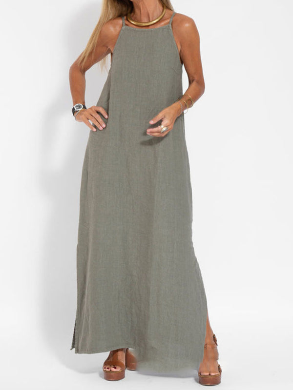 Valenzora | Neues modisches Freizeitkleid aus Baumwolle und Leinen mit Schlitz und Trägern
