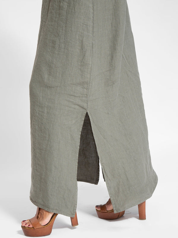Valenzora | Neues modisches Freizeitkleid aus Baumwolle und Leinen mit Schlitz und Trägern