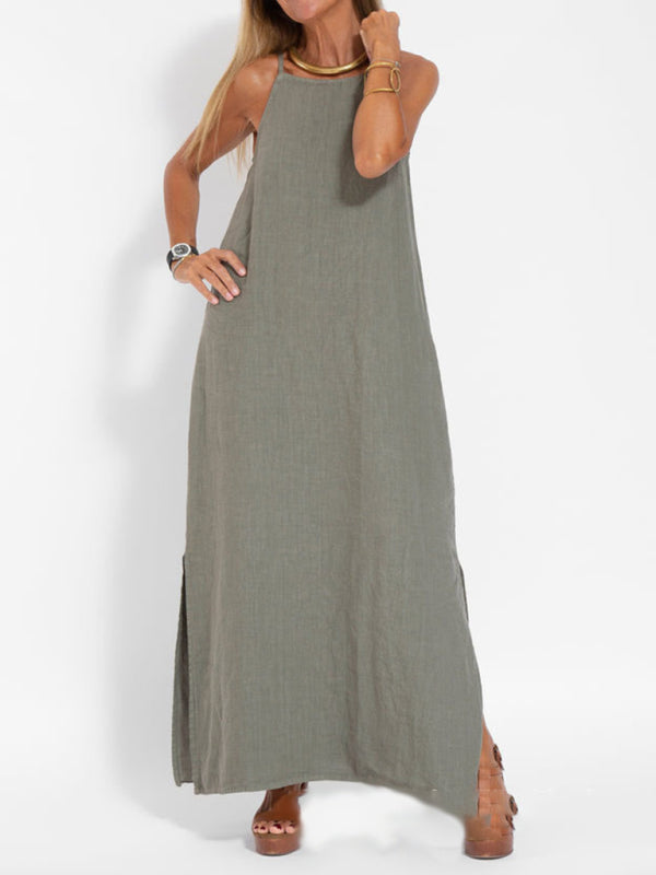 Valenzora | Neues modisches Freizeitkleid aus Baumwolle und Leinen mit Schlitz und Trägern