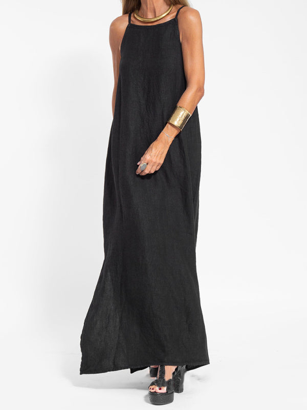 Valenzora | Neues modisches Freizeit-Latzkleid aus Baumwolle und Leinen mit Schlitz