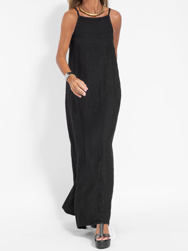 Valenzora | Neues modisches Freizeit-Latzkleid aus Baumwolle und Leinen mit Schlitz