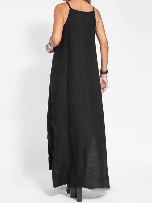 Valenzora | Neues modisches Freizeit-Latzkleid aus Baumwolle und Leinen mit Schlitz
