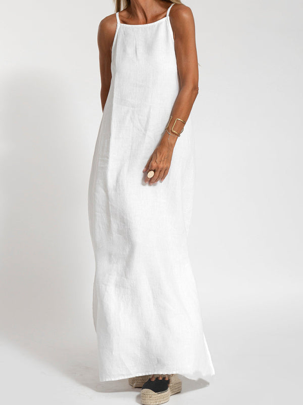 Valenzora | Neues modisches Freizeitkleid aus Baumwolle und Leinen mit Schlitz und Trägern