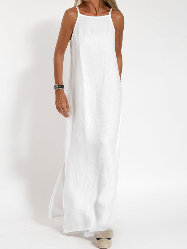 Valenzora | Neues modisches Freizeitkleid aus Baumwolle und Leinen mit Schlitz und Trägern
