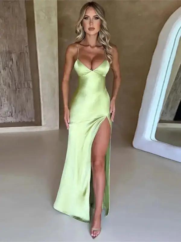 Valenzora | Women's Strappy V-Neck Satin Slit Sexy Backless Long Dress