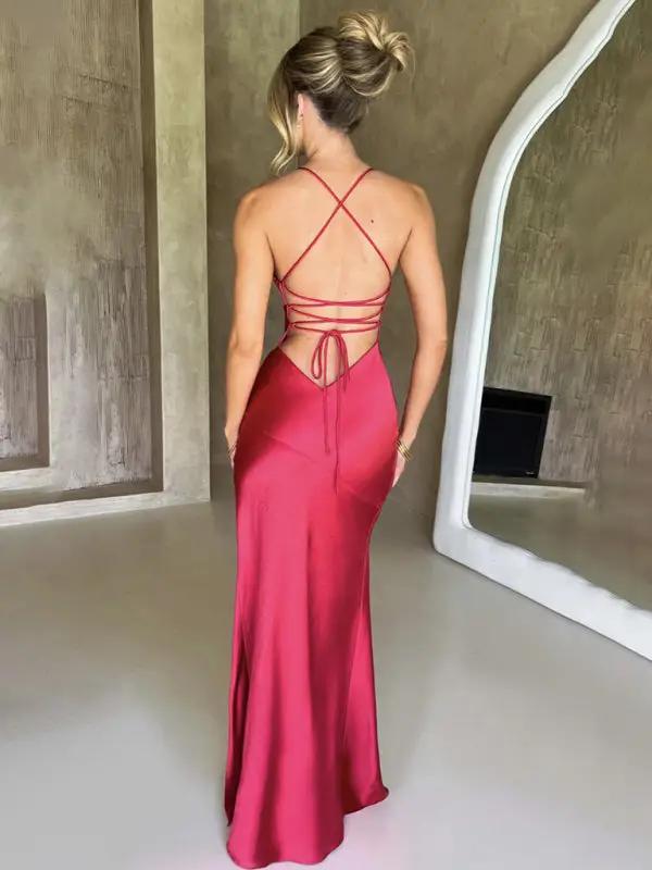 Valenzora | Women's Strappy V-Neck Satin Slit Sexy Backless Long Dress