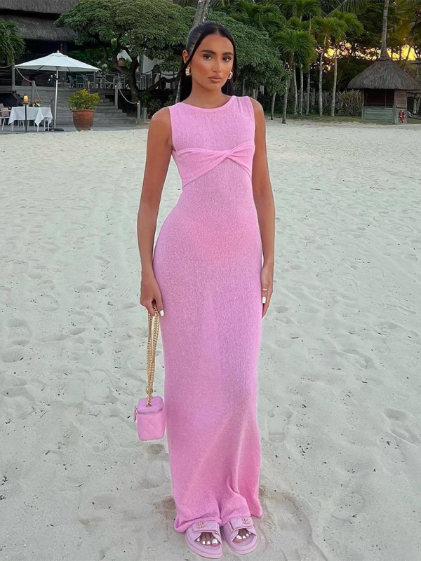 Valenzora | Sleeveless fitted round neck knitted solid colour beach dress