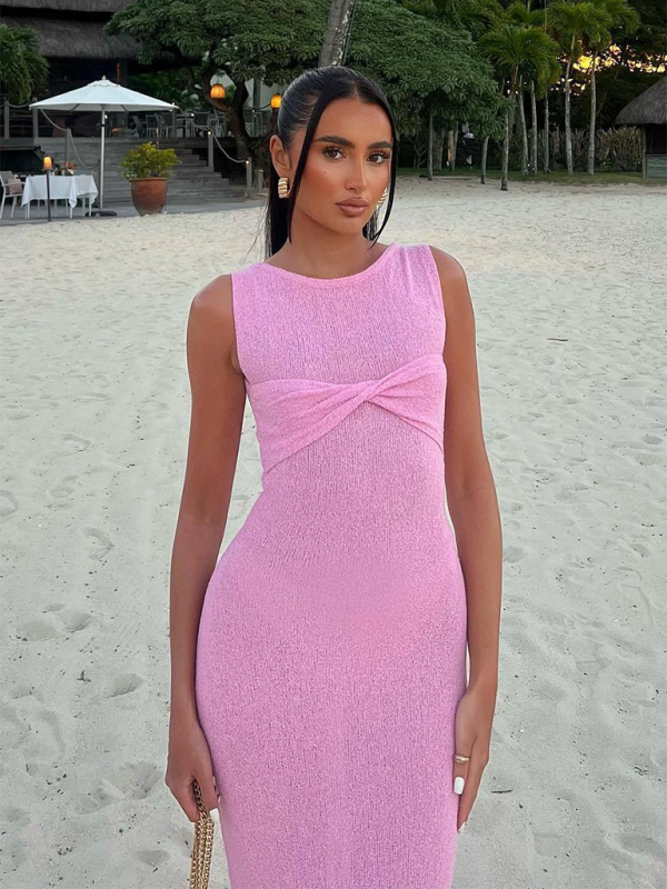 Valenzora | Sleeveless fitted round neck knitted solid colour beach dress