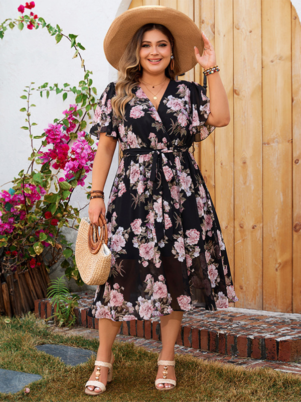 Valenzora | Plus-size women's V-neck dress with swing sleeves, fitted floral dress