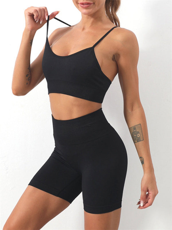 Valenzora | Women's Seamless Solid Color Cami Yoga Sports Bra + Shorts Two-Piece Set