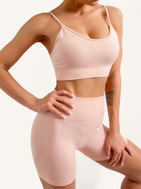 Valenzora | Women's Seamless Solid Color Cami Yoga Sports Bra + Shorts Two-Piece Set