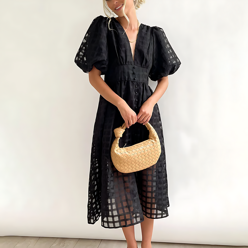 Midi dress - vintage - puff sleeves - checked pattern