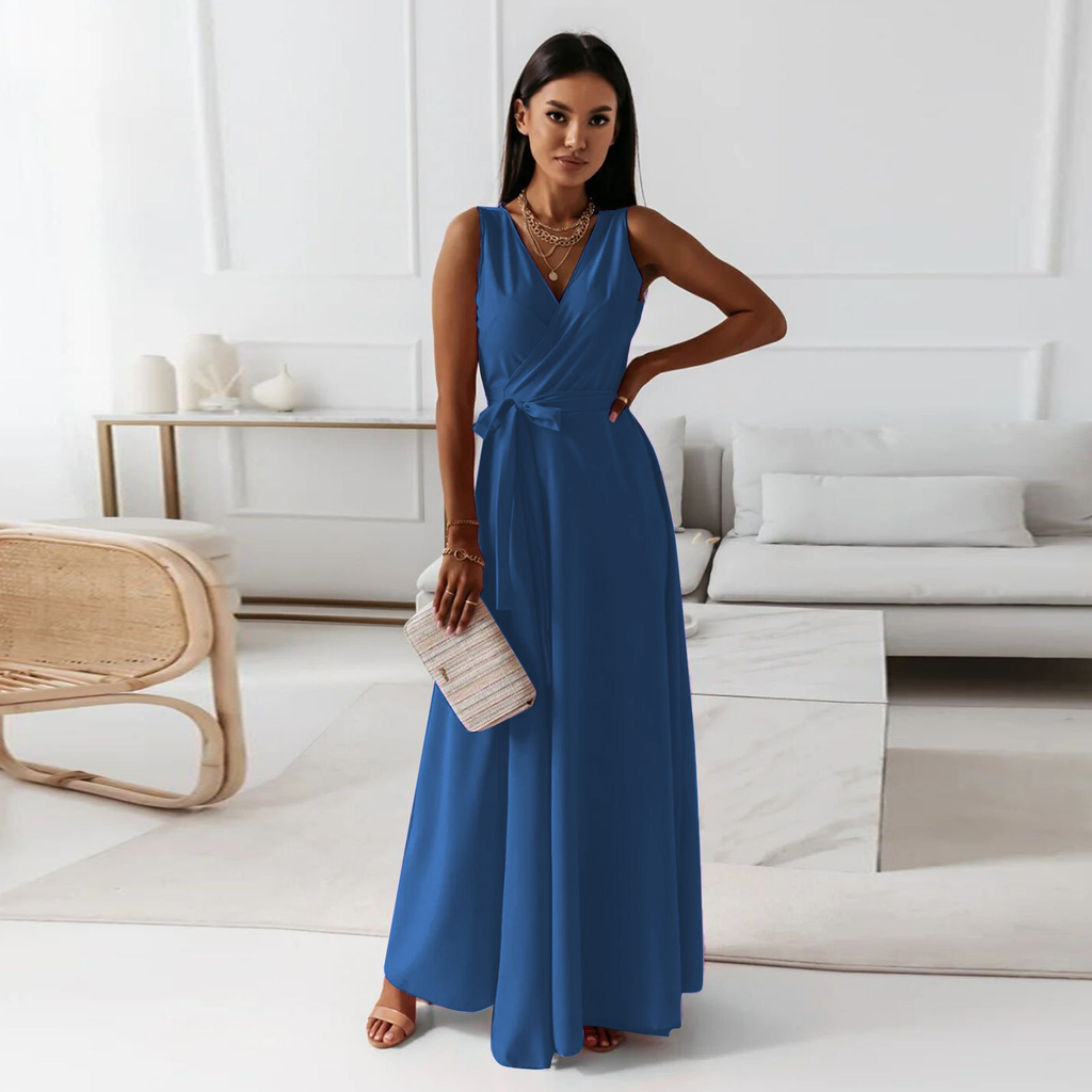 Elegant maxi dress for women – sleeveless V-neck evening dress in solid colors, long dress for weddings & summer parties