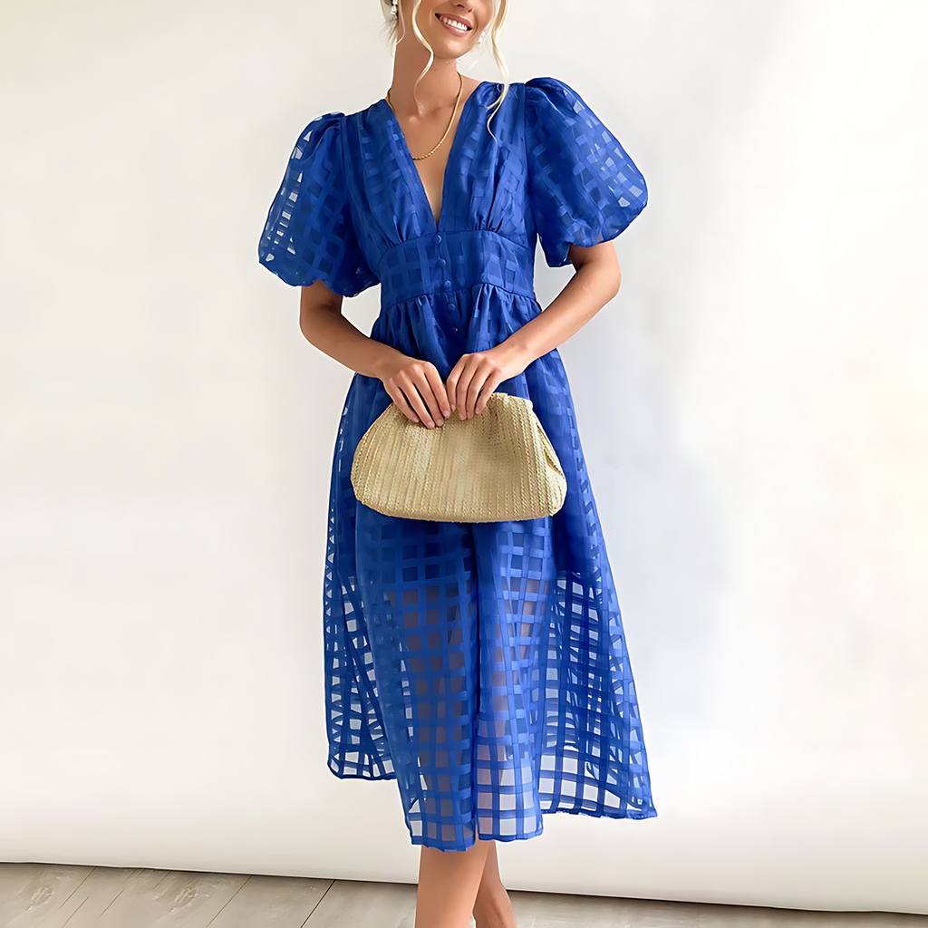 Midi dress - vintage - puff sleeves - checked pattern