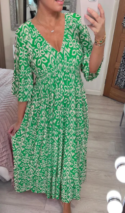 Valenzora | Long, loose dress with V-neck and drawstring belt