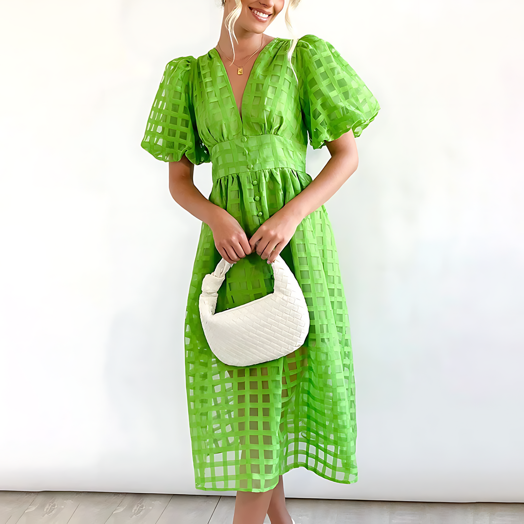 Midi dress - vintage - puff sleeves - checked pattern