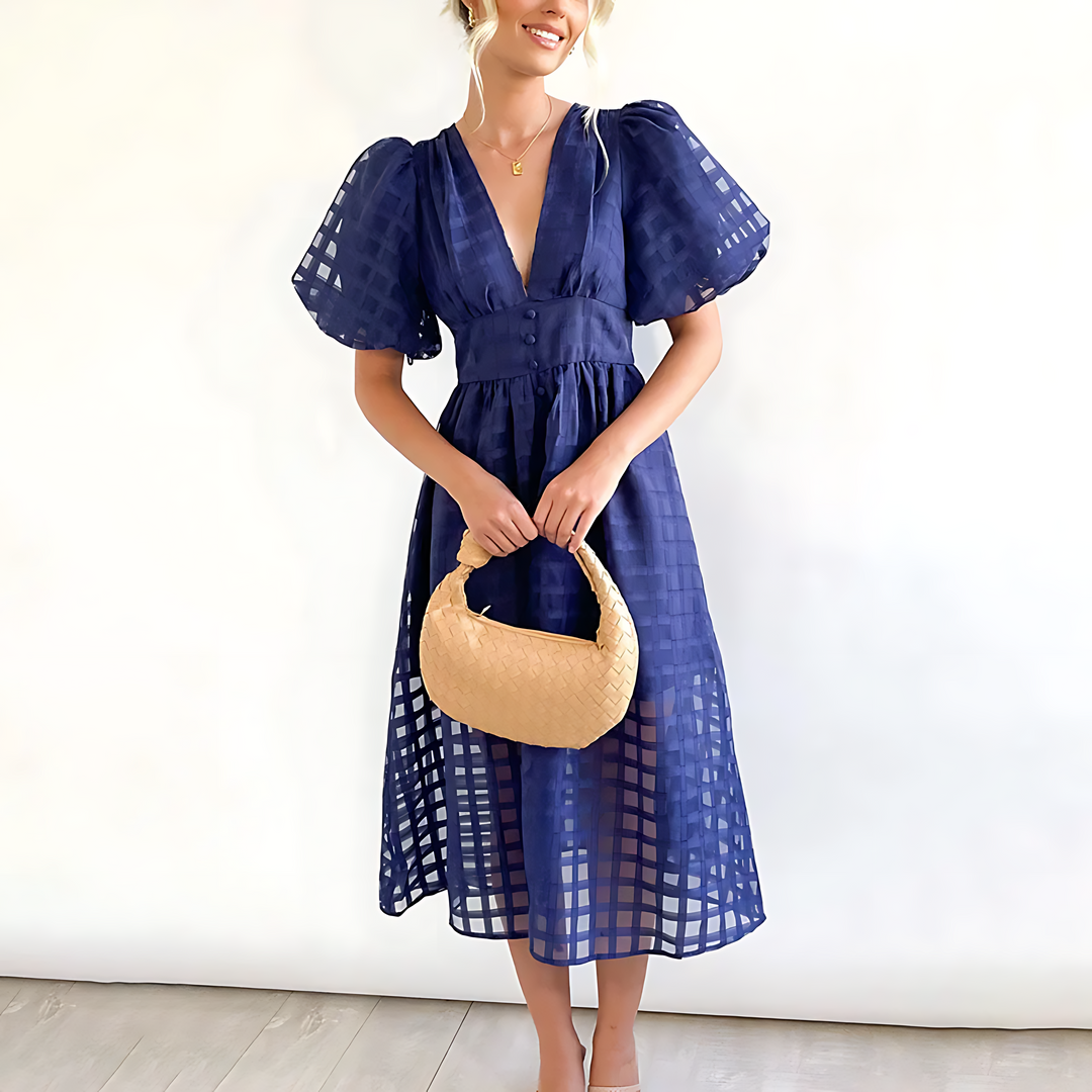 Midi dress - vintage - puff sleeves - checked pattern