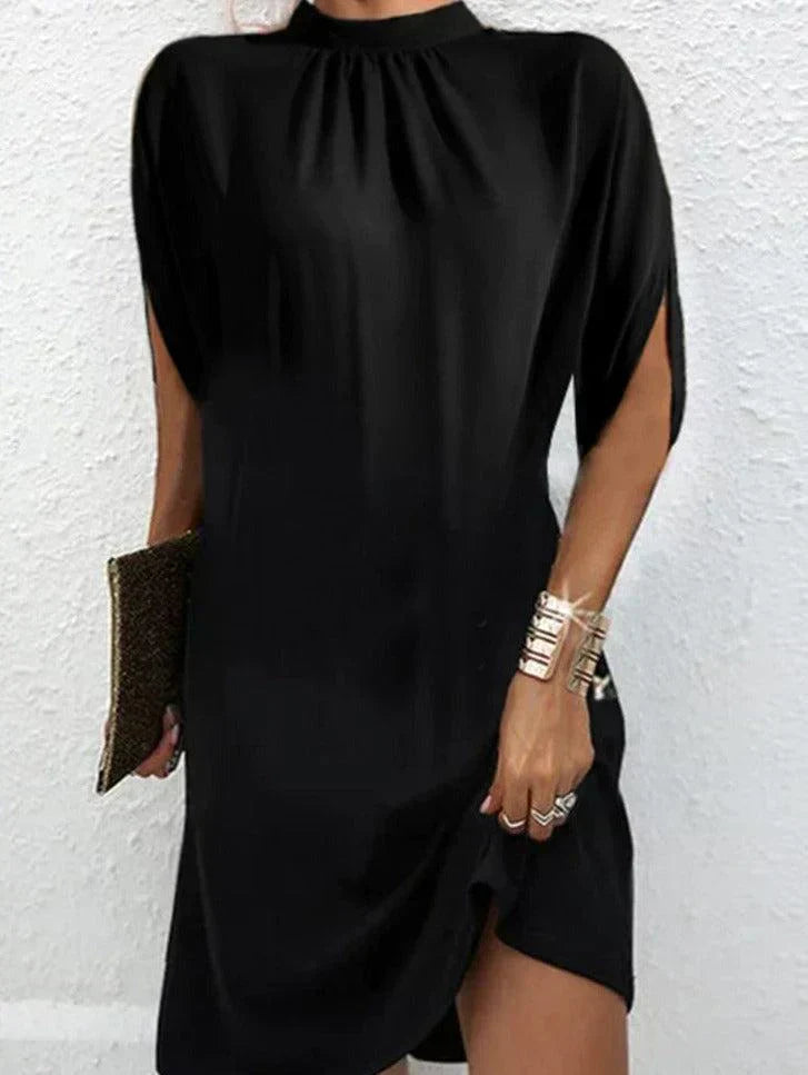 Valenzora | Modern Black Midi Dress with Stand-Up Collar