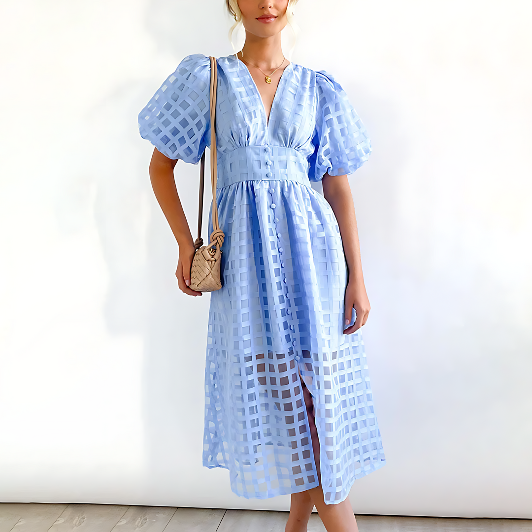 Midi dress - vintage - puff sleeves - checked pattern