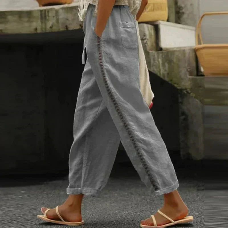 Valenzora | Embroidered linen summer trousers for women
