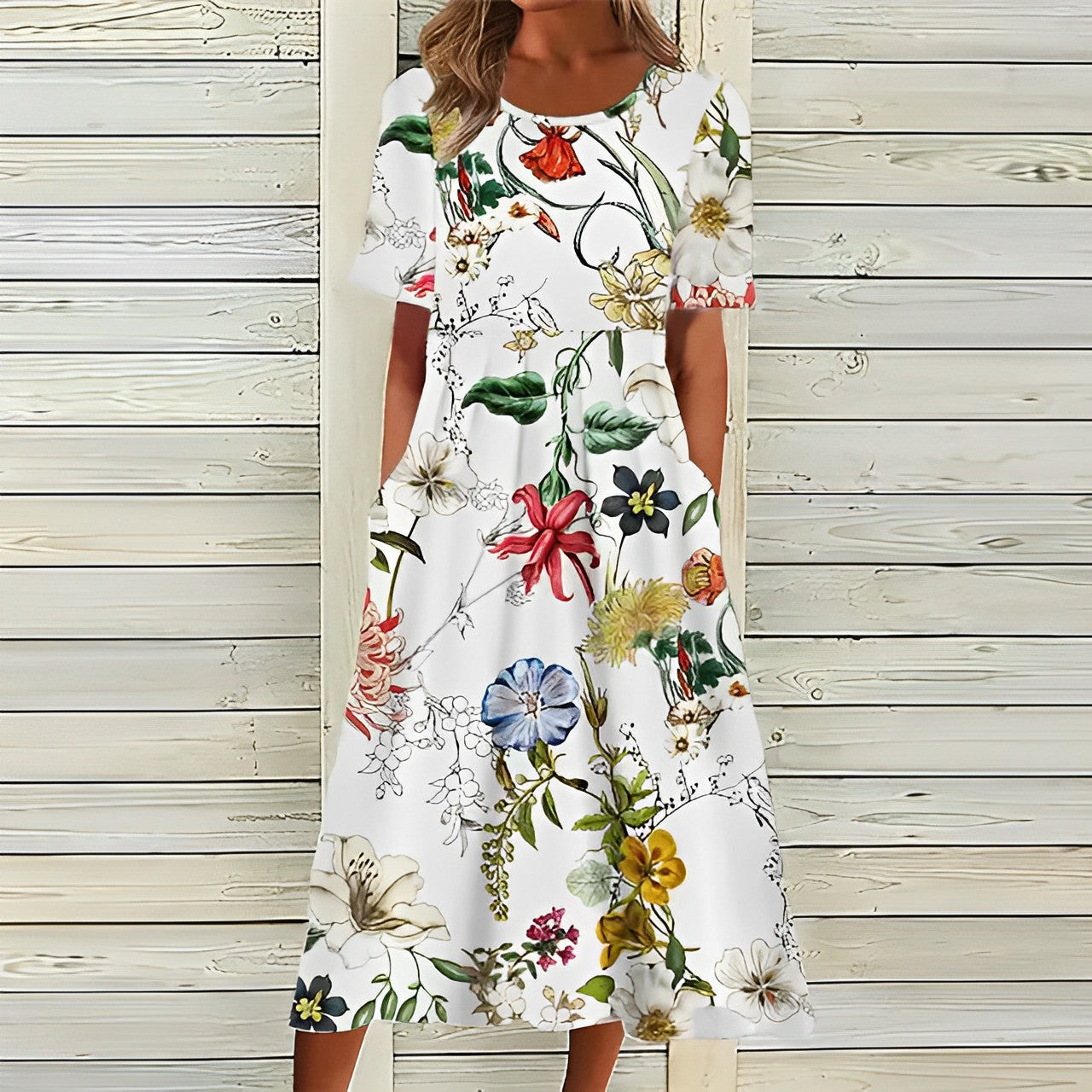 Valenzora | Elegant White Floral Midi Dress for Women