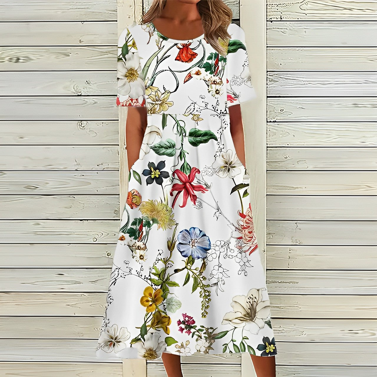Valenzora | Elegant White Floral Midi Dress for Women