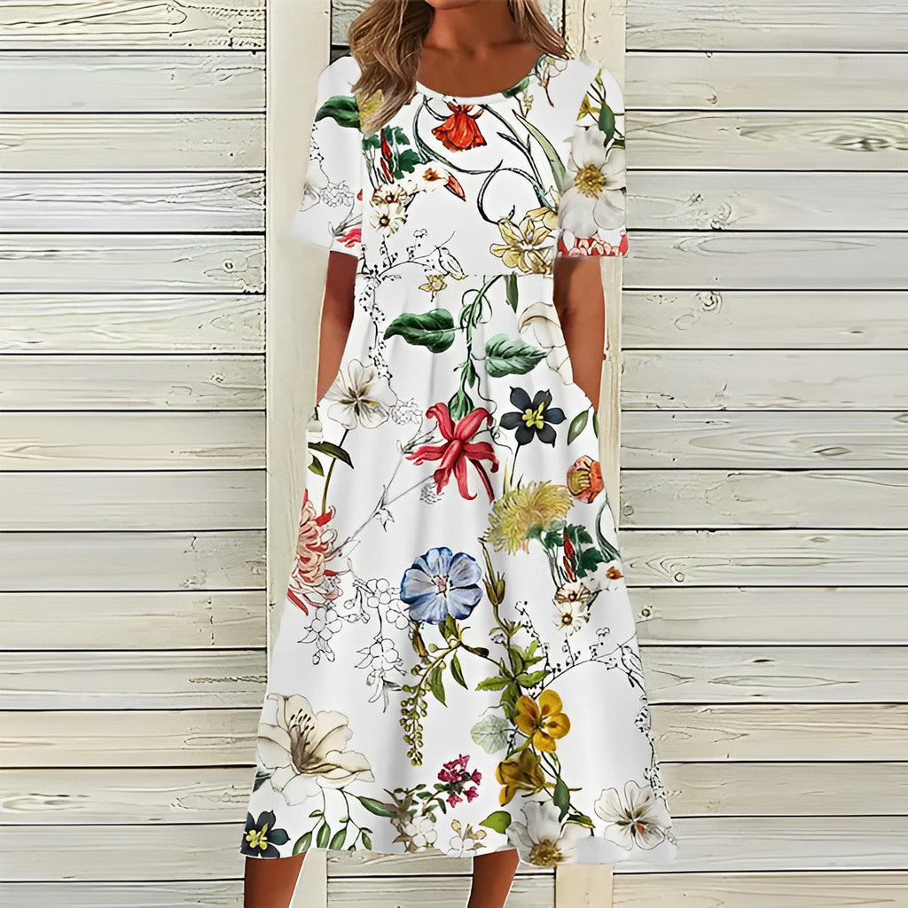 Valenzora | Elegant white floral midi dress for women
