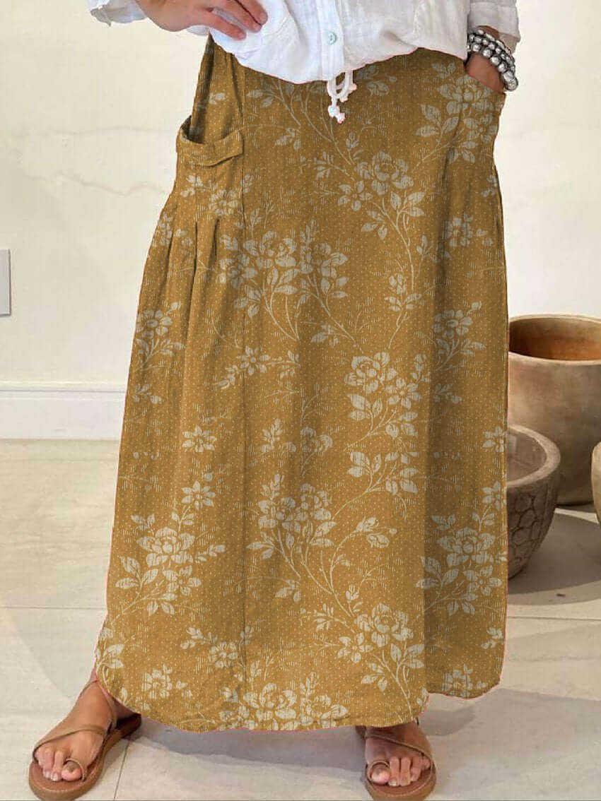 Valenzora | Vintage Floral Linen Elastic Waist Skirt with Pockets