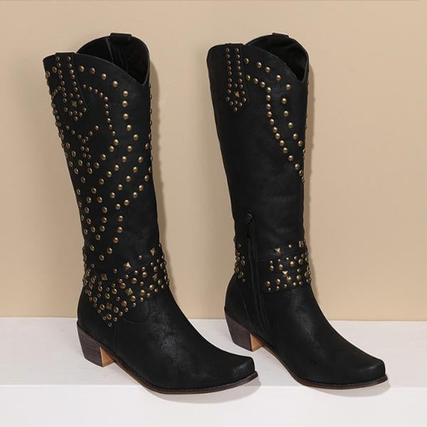Valenzora - High Boots with Metal Studs and Chunky Heel