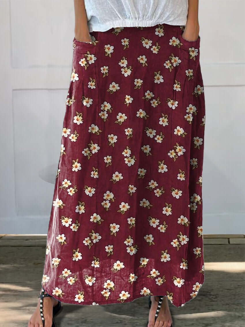 Valenzora | Plumeria Floral Design Printed Women's Linen Skirt with Pockets