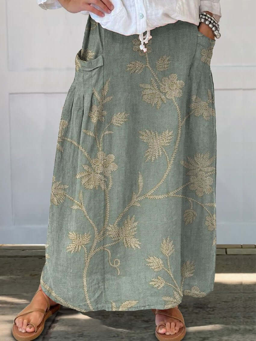 Valenzora | Retro Elegant Floral Art Linen Elastic Waistband Pocket Skirt
