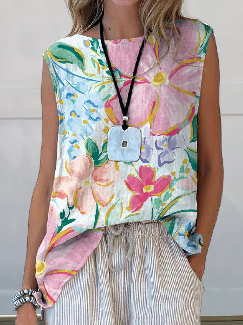 Valenzora | Beautiful Floral Art Print Cotton and Linen Tank Top