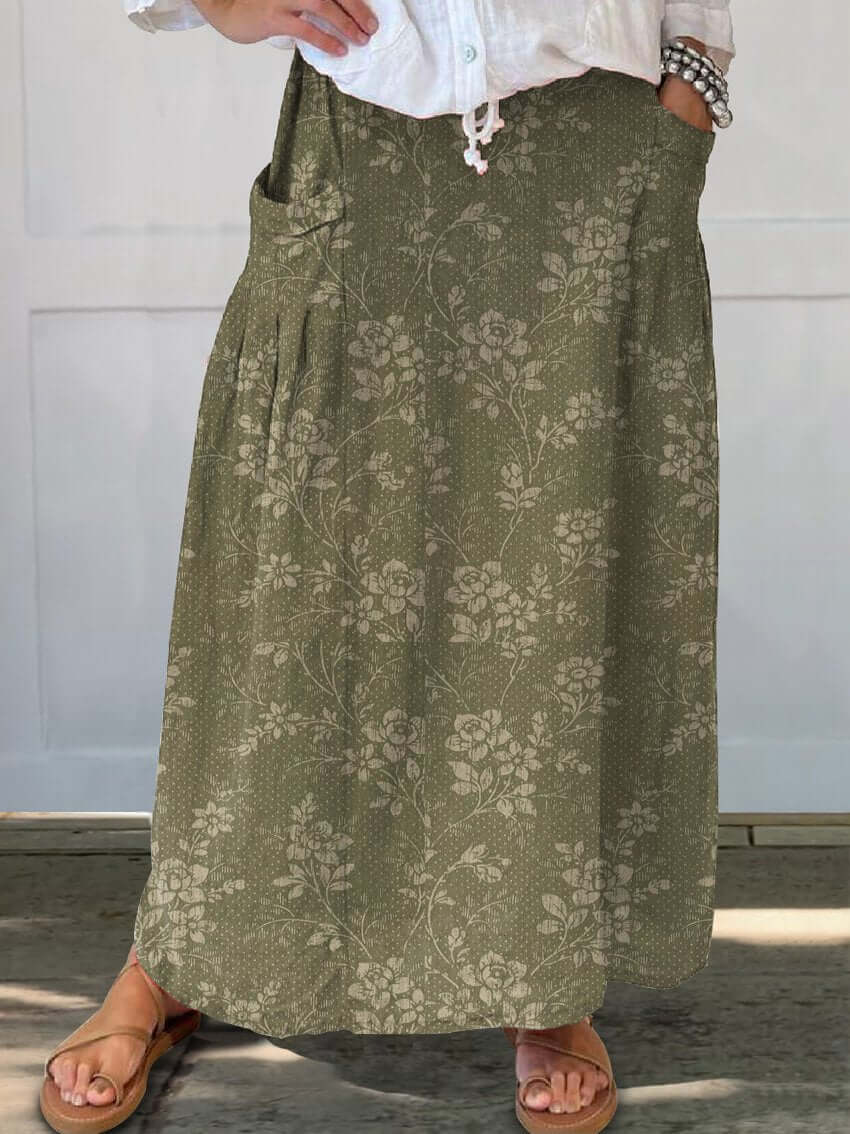 Valenzora | Vintage-Rock aus Leinen mit Blumenmuster, elastischem Bund und Taschen