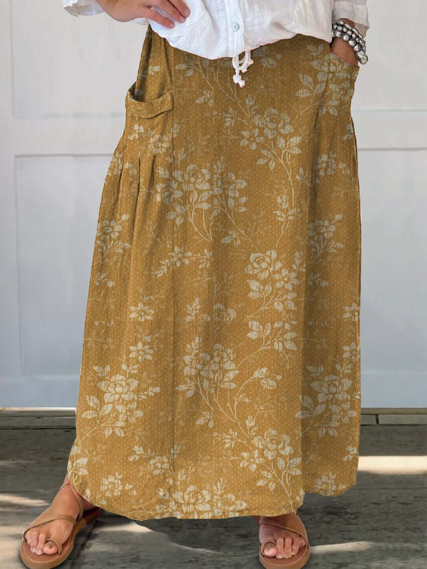 Valenzora | Vintage-Rock aus Leinen mit Blumenmuster, elastischem Bund und Taschen
