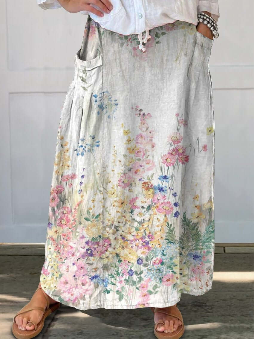 Valenzora | Retro Elegant Floral Art Linen Elastic Waistband Pocket Skirt