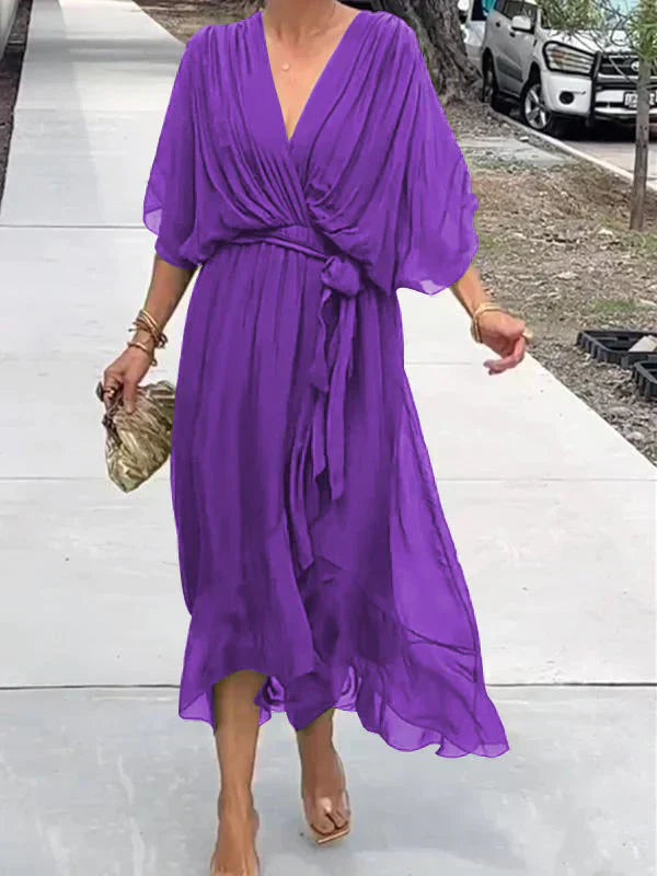 Valenzora | Green chiffon dress with V-neck