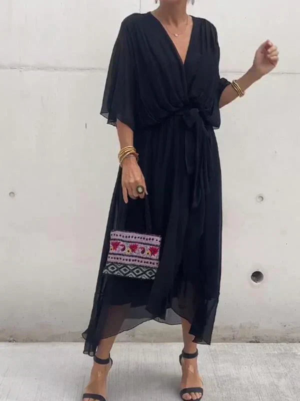 Valenzora | Green chiffon dress with V-neck