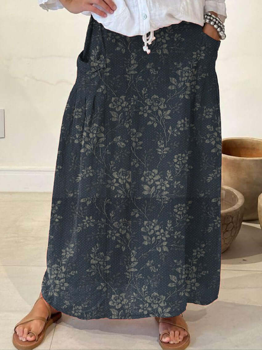 Valenzora | Vintage-Rock aus Leinen mit Blumenmuster, elastischem Bund und Taschen
