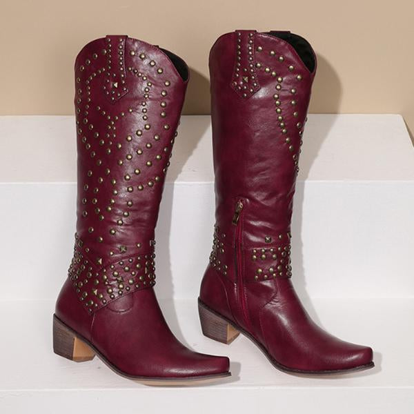 Valenzora - High Boots with Metal Studs and Chunky Heel