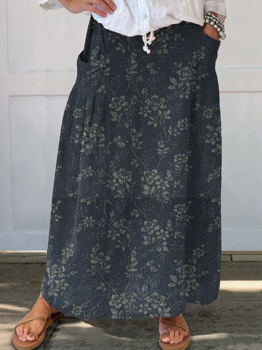 Valenzora | Vintage-Rock aus Leinen mit Blumenmuster, elastischem Bund und Taschen