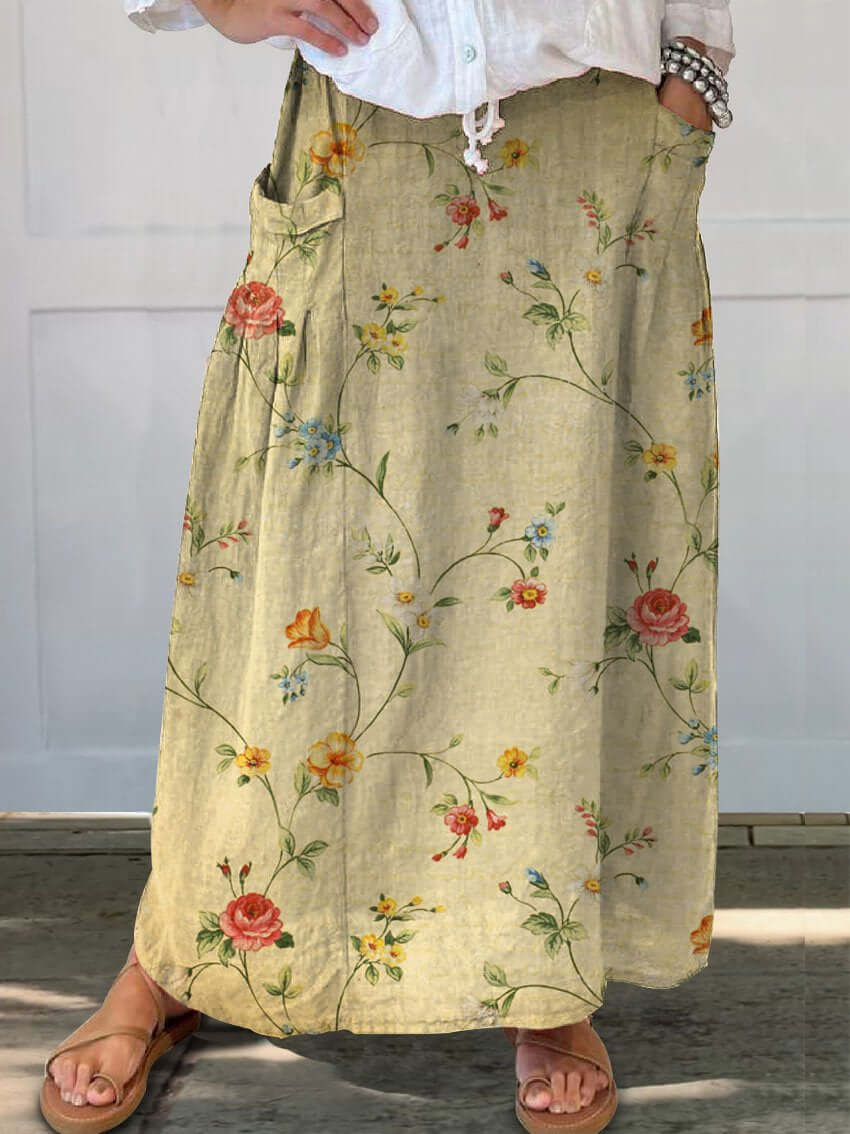 Valenzora | Retro Elegant Floral Art Linen Elastic Waistband Pocket Skirt
