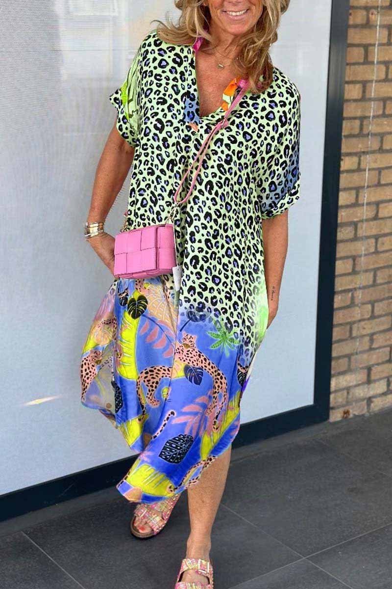Short-sleeved casual dress with leopard print