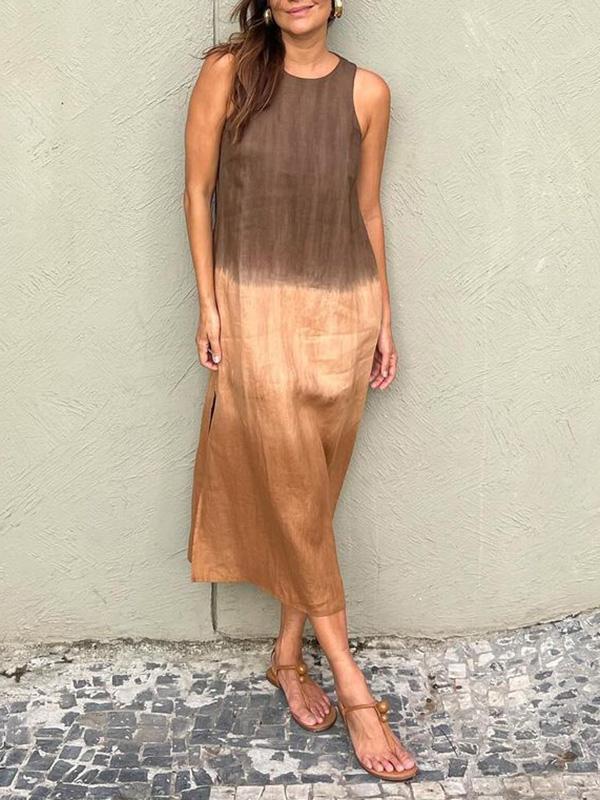 Valenzora | Long, Sleeveless, Loose-Fitting Cotton and Linen Dress with Subdued Tie-Dye Slit for Women