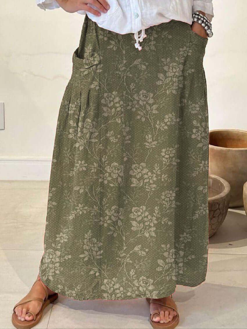 Valenzora | Vintage-Rock aus Leinen mit Blumenmuster, elastischem Bund und Taschen