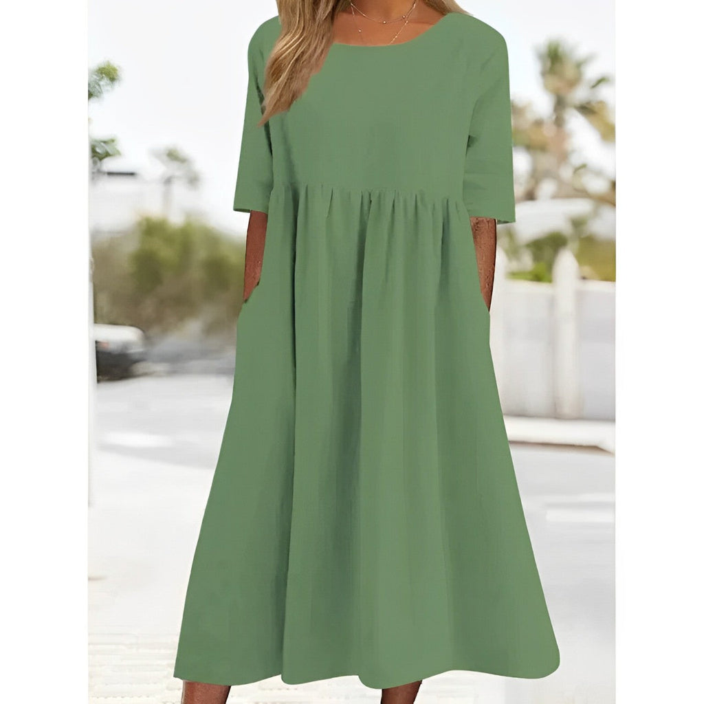 Valenzora | Breathable cotton-linen vintage midi dress with pleated design