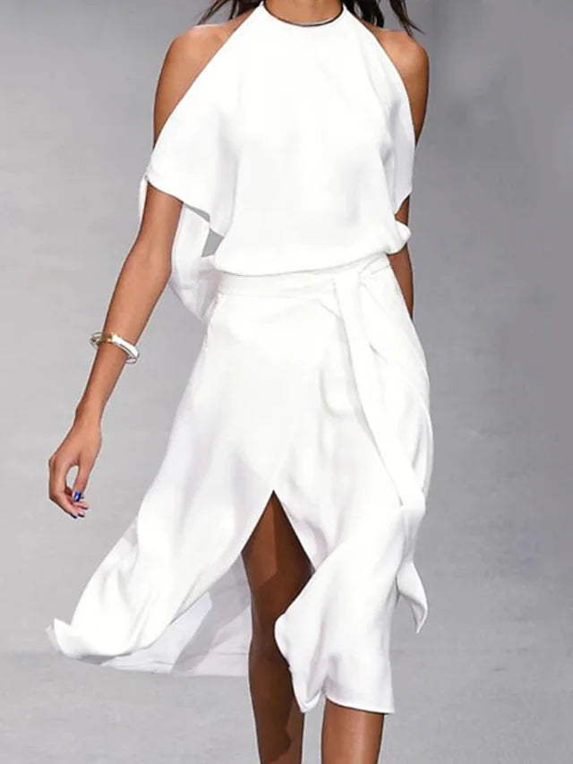 Valenzora | Midi dress, off-shoulder wrap style with front slit, elegant flowing fit