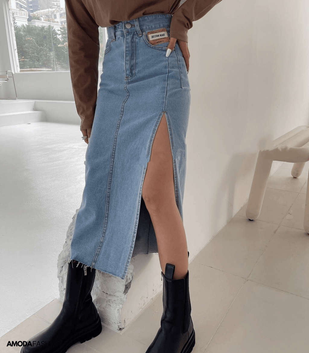 Valenzora | Long pencil denim skirt with side slit