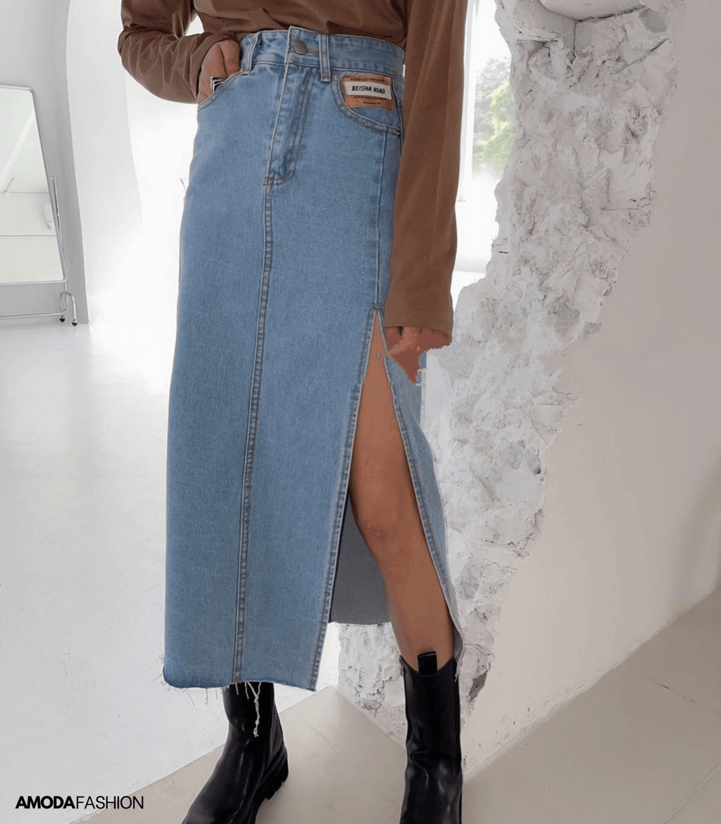 Valenzora | Long pencil denim skirt with side slit