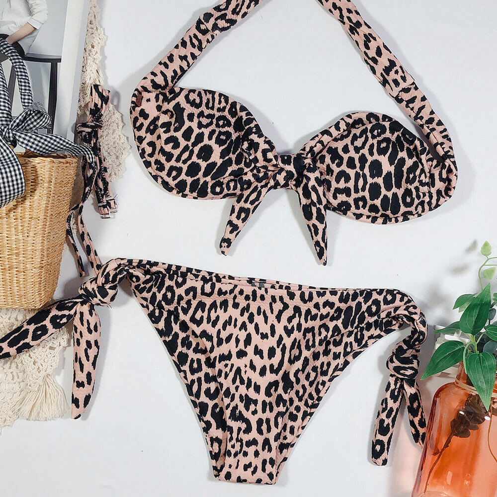 Valenzora | Leopard Print Bow Bandeau Brazilian Two-Piece Bikini Swimsuit