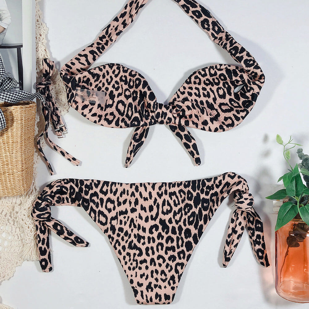 Valenzora | Leopard Print Bow Bandeau Brazilian Two-Piece Bikini Swimsuit